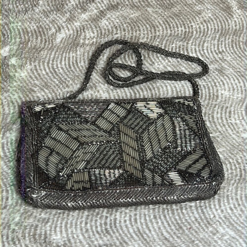 VINTAGE Beaded Shoulder Bag Taupe & Silver EUC